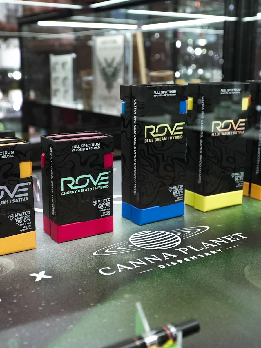 Cannabis vape cartridges on a dispensary counter